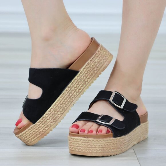 Suede Black Double Straps Comfort Platform Sandal Slip On Sliders - Picture 9 of 12